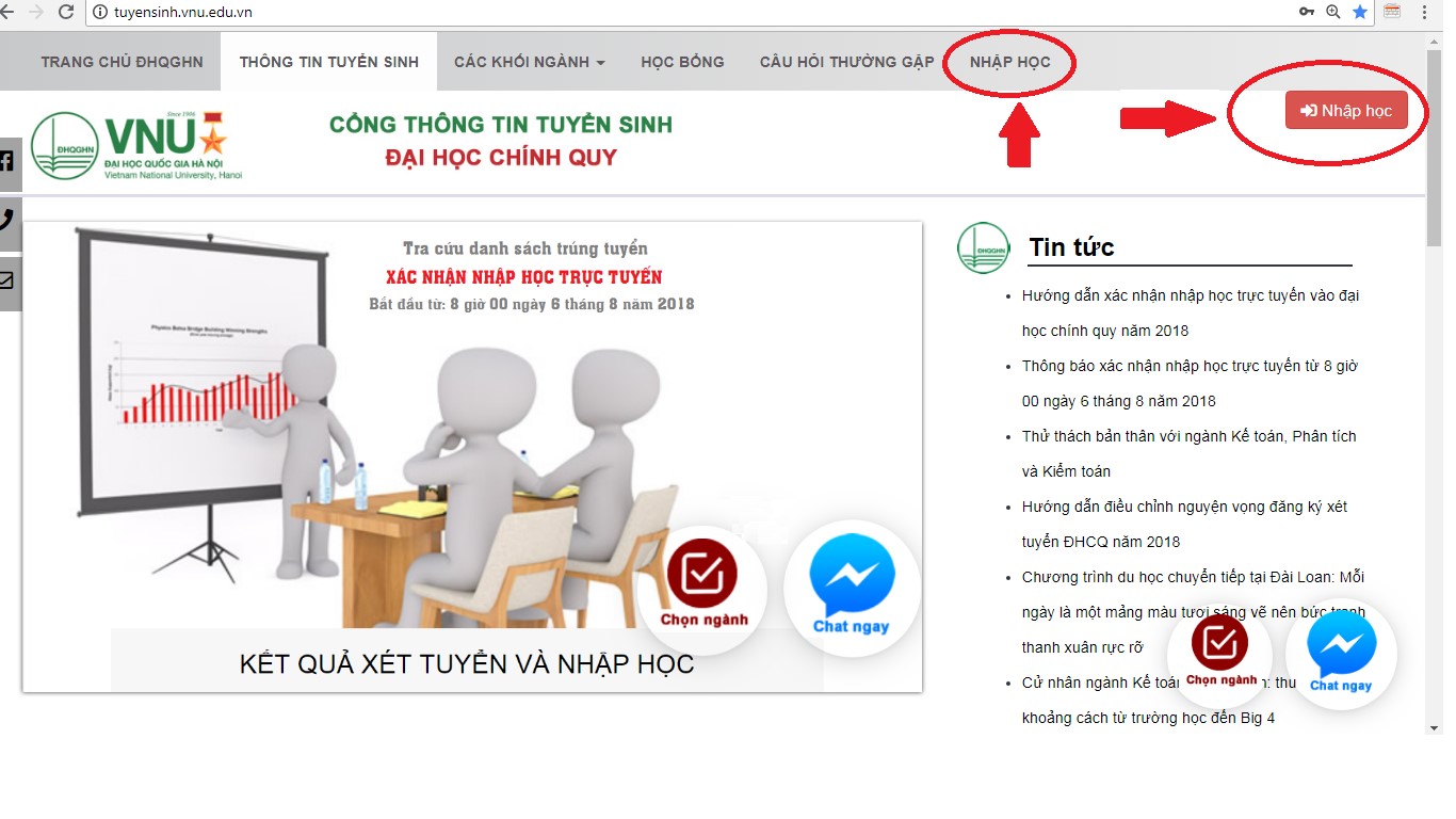 Hướng dẫn xác nhận nhập học TRỰC TUYẾN vào đại học chính quy năm 2018 của ĐHQGHN